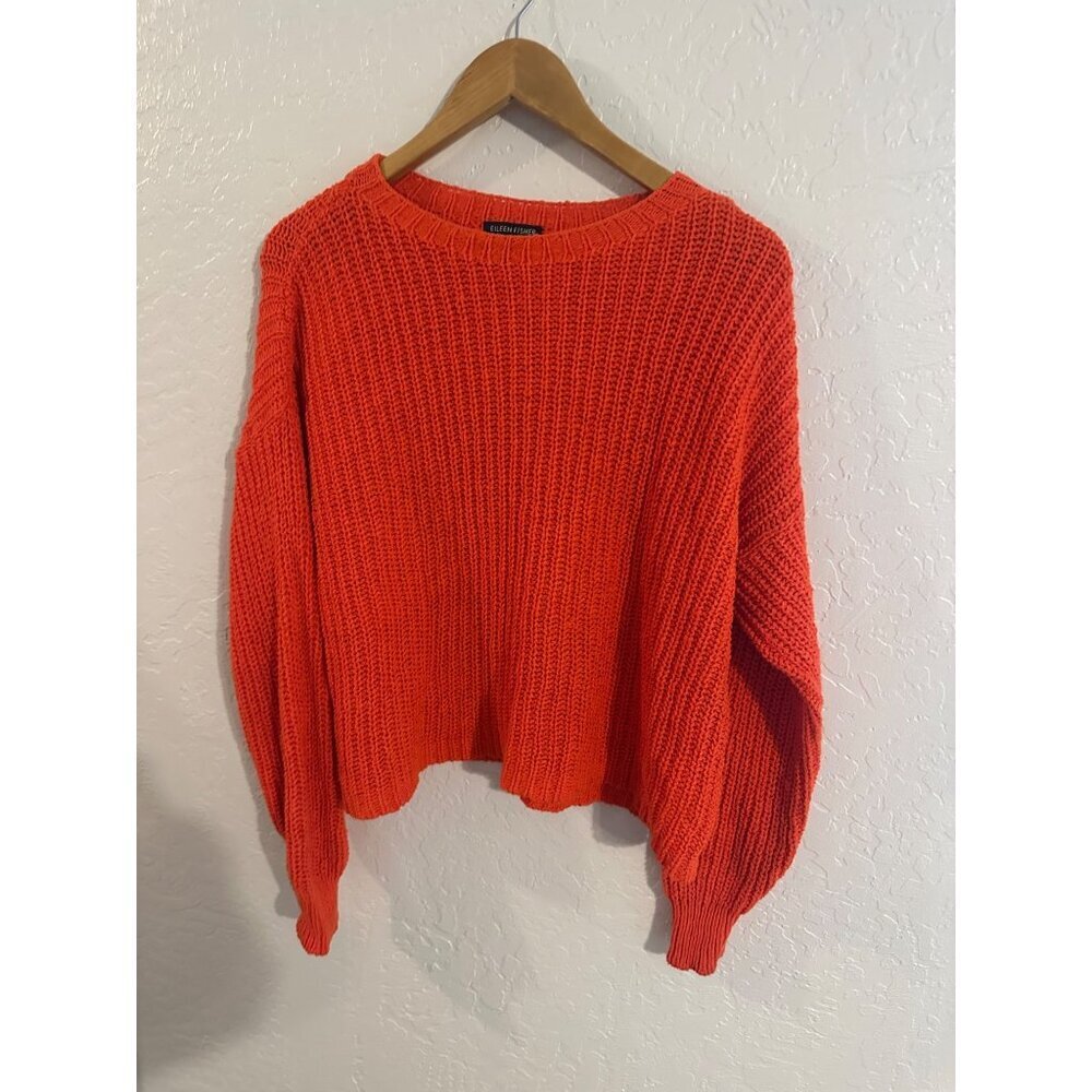 Y Eileen Fisher Orange Crewneck Chunky Knit Organic Cotton Fisherman Sweater - Picture 2 of 9